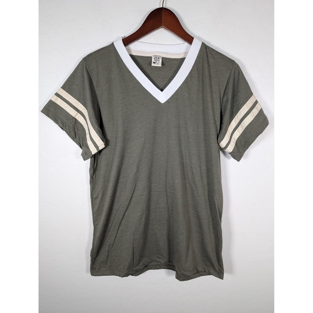 Camp Collection Shirt Womens Medium Green V Neck Ringer Striped Short Sleeve